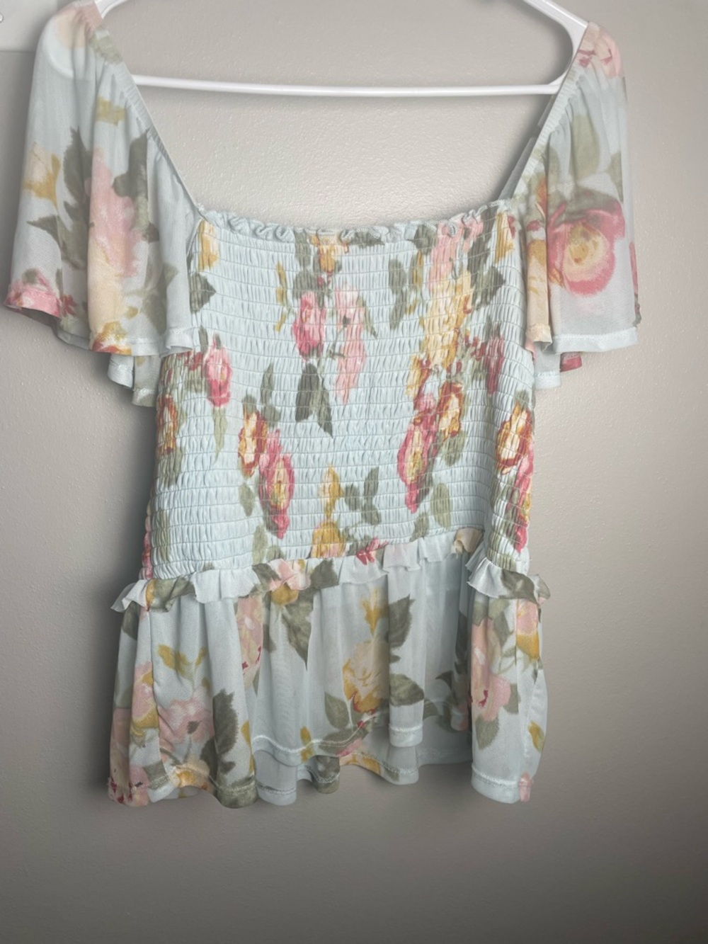 American Rag Light Blue Floral Off-Shoulder Smocked Peplum Top